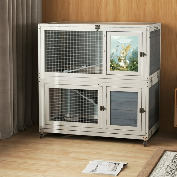 2-Story Wooden Rabbit Hutch for Outdoor & Indoor, Bunny Cage Rabbit House with Wheels, Trays, Ramp, Pet Home for Guinea Pigs, Chickens, Chicken Coop, Gray with Colorful Patterns