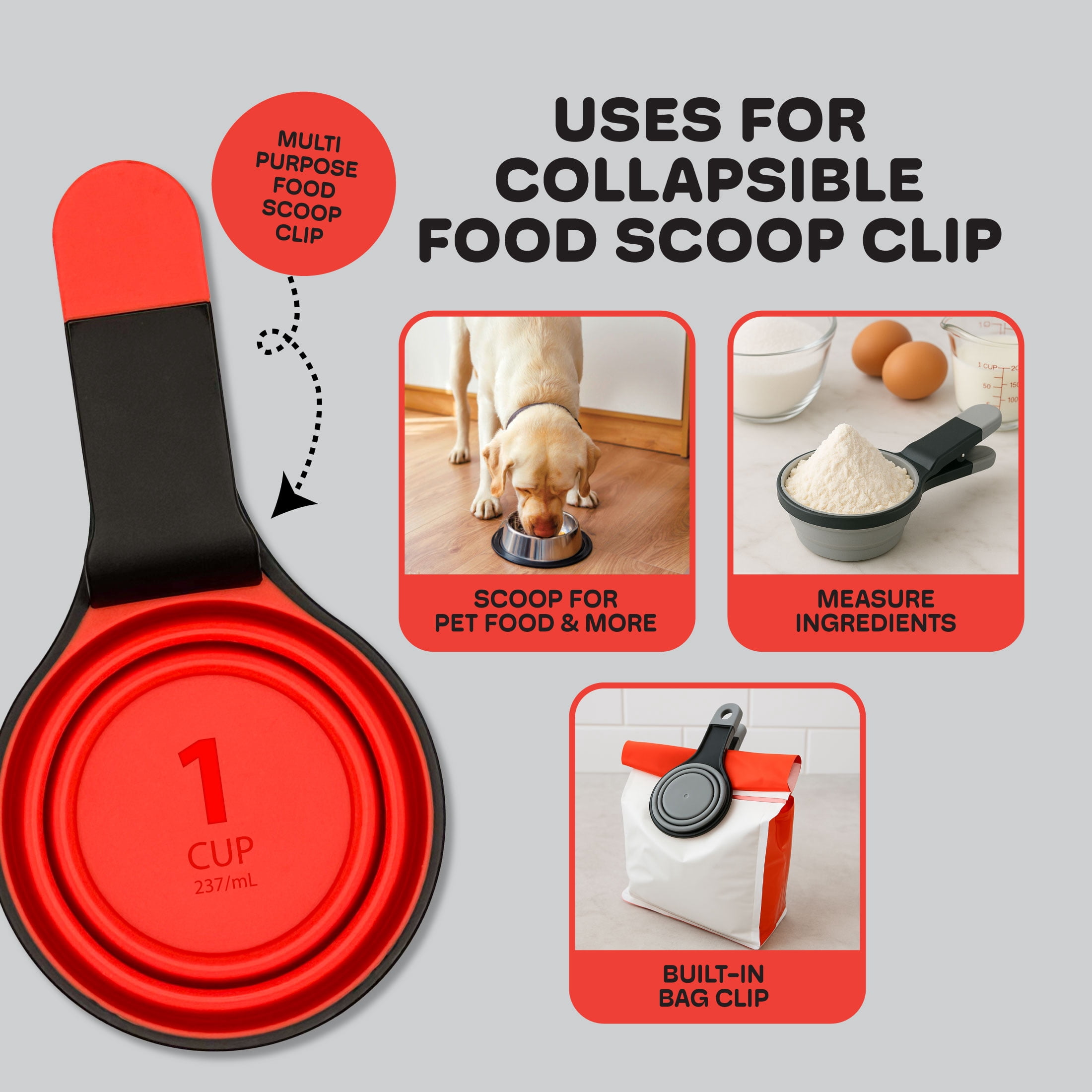 Clip'N 2-in-1 Collapsible Silicone Kitchen Scoop with Bag Clip, 1 Cup Capacity, BPA-Free