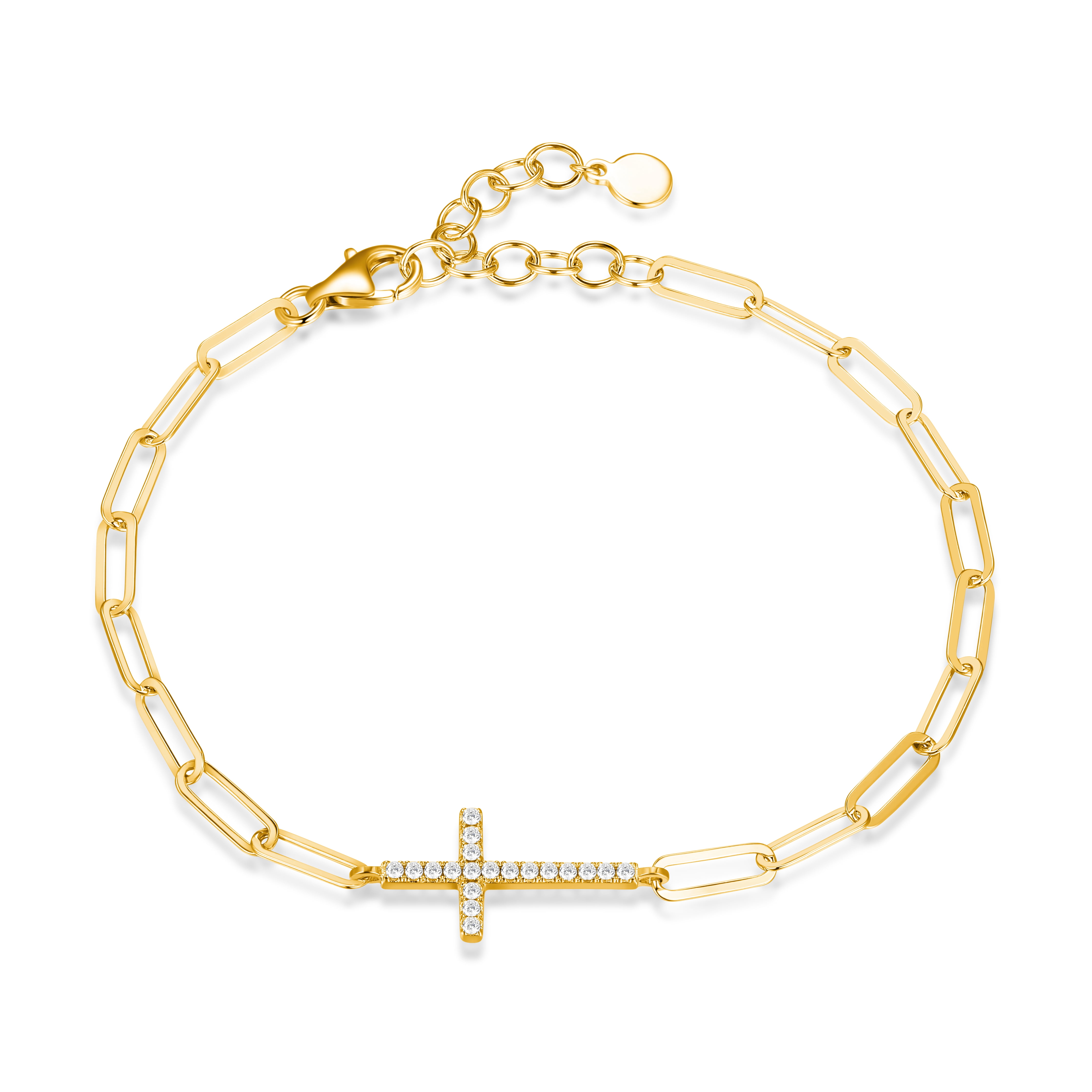Forever Facets 18K Gold Over Sterling Silver CZ Cross Paperclip Bracelet, 6.75" + 1.25" Extender