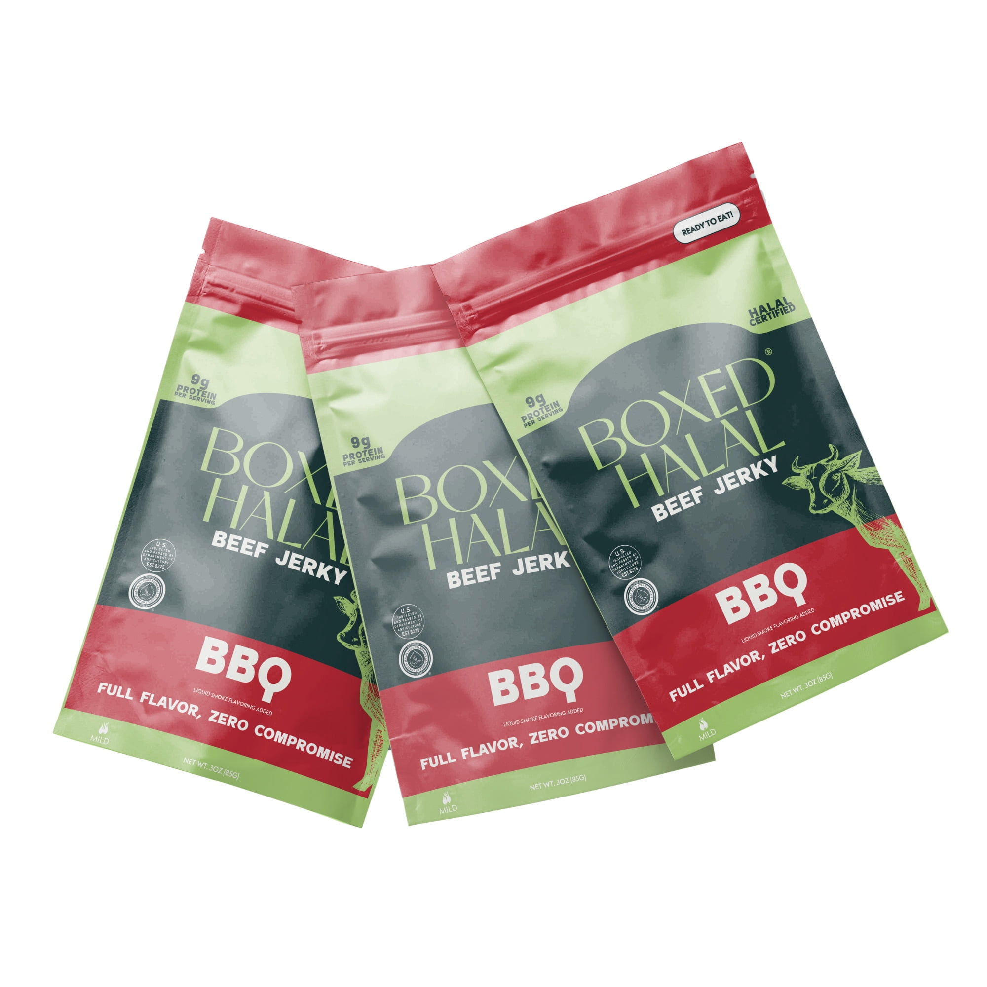 BOXED HALAL Premium 100% Grass-Fed BBQ Beef Jerky Strips, 13g Protein, HFSAA Certified Halal, Keto Friendly Snack, 3 Oz. Bags (3 Pack)