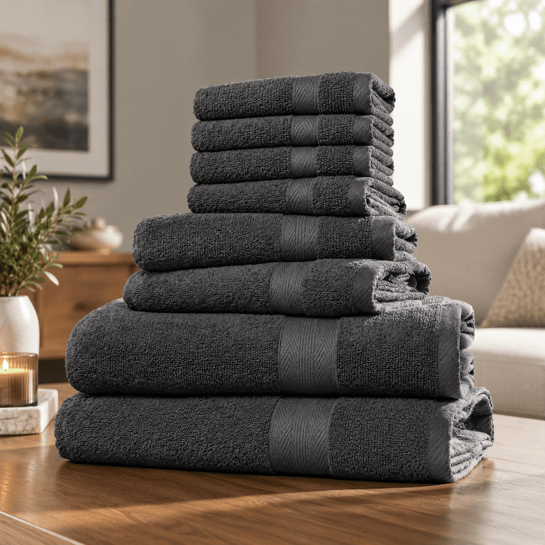 Charcoal Grey 8 Piece Towel Set, Ultra Soft Ring Spun Cotton Hotel Spa ...