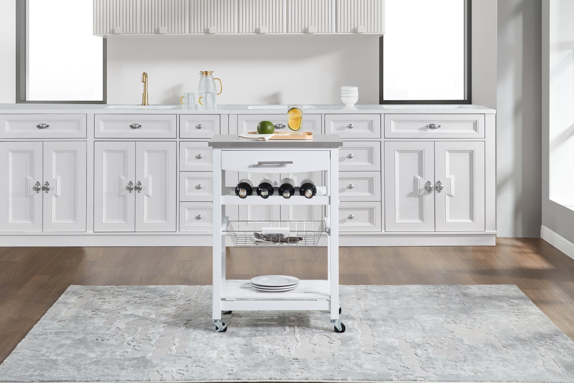 Mobile Rolling Kitchen Island Trolley Serving Cart with Underneath Drawer & Slide-Out Wire Storage Basket