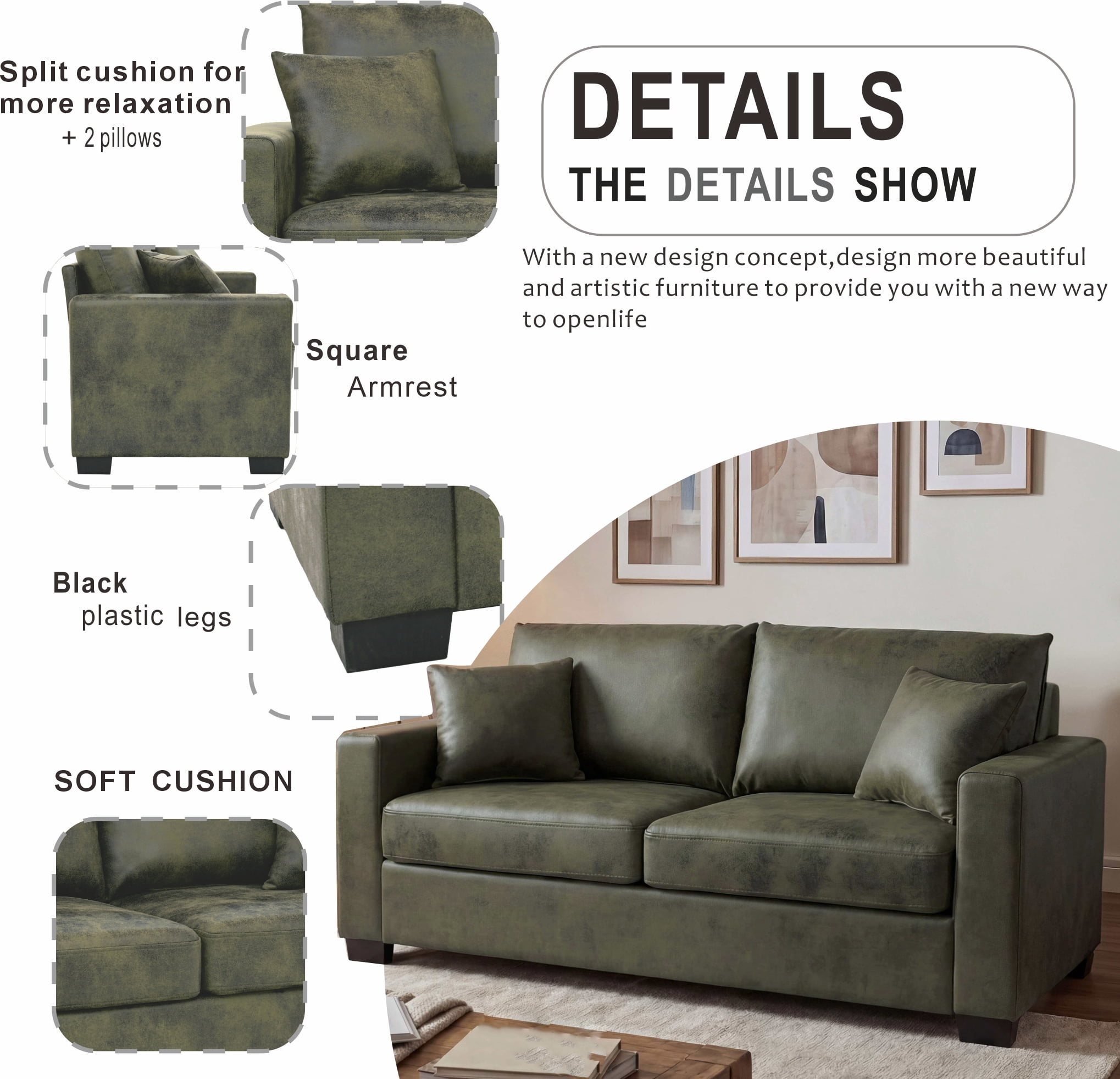 Two-Seater Sofa 69-Inch with Foil Fabric and 2 Throw Pillows Included, Modern Loveseat and Apartment Couch for Living Room Bedroom, Olive Green