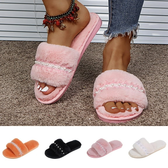 Xfvqtps Fuzzy Slippers for Women House Bedroom Shoes Pearl Lace Open Toe Slide Comfy Fall Winte Slipper Pink