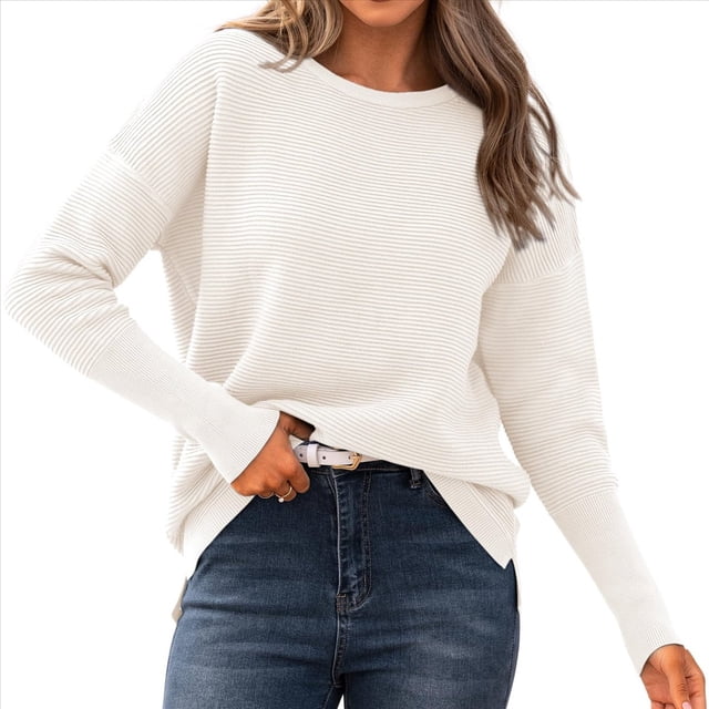 Suéter de Otoño 2025 para Mujer, Jersey de Punto Acanalado de Larga, Holgado, Cuello Redondo, Murciélago, Suéter Dividido. L