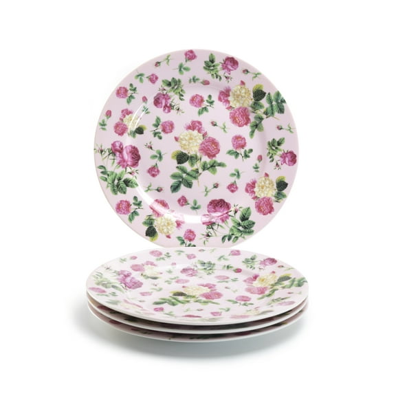 8" Pink Cottage Rose Chintz Fine Porcelain Dessert Plates Set of 4