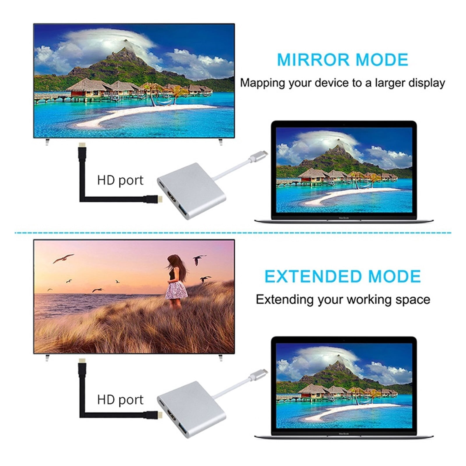 Type-C HUB USB C to HDMI Cable Adapter Splitter 3 in 1 4K HDMI USB PD Fast Charging Smart Adapter