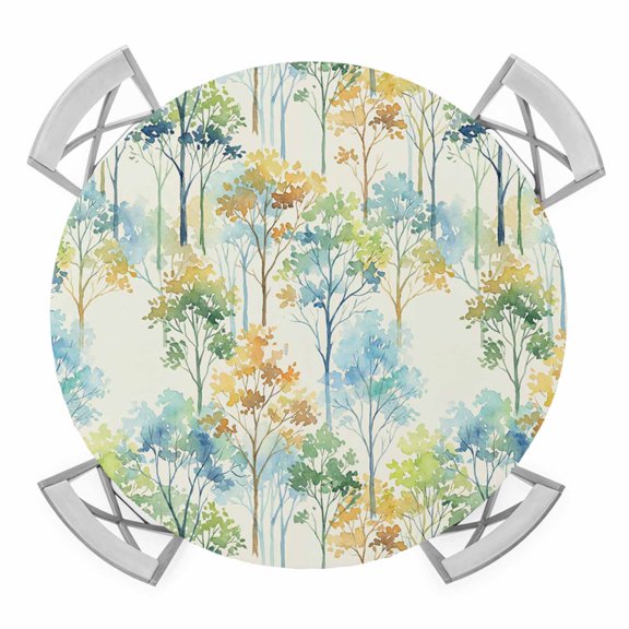 Elastic Fitted Round Tablecloth, Watercolor Forest Colorful Waterproof Stretch Table Cover for 45"-54" Tables, Abstract Art Modern Trees Washable Outdoor Tablecloths for Patio, Picnic, Camping