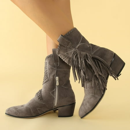 

Cathalem Snow Boot Women Mid Calf Women Western Tassel Ankle Boots Retro Pointed Toe Work Boots for Women Steel Toe Mid Khaki 8.5