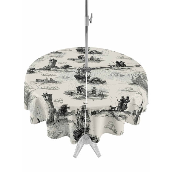 Outdoor Tablecloth with Umbrella Hole for Patio/Picnic/Party/Camping, Nautical Lighthouse Waterproof Table Cloth Round Cover Washable, Farmhouse Retro Ocean Ship Map (Dia 54")