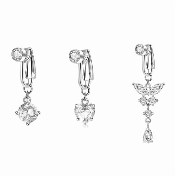 DESIGNICE 2026 New 3Pcs Clip-On Non-Piercing,Stainless Steel Fake Belly Rings,Women'S Faux Belly Button Piercings,For Casual Wear,Beach,Pool,Summer Parties,Festivals.