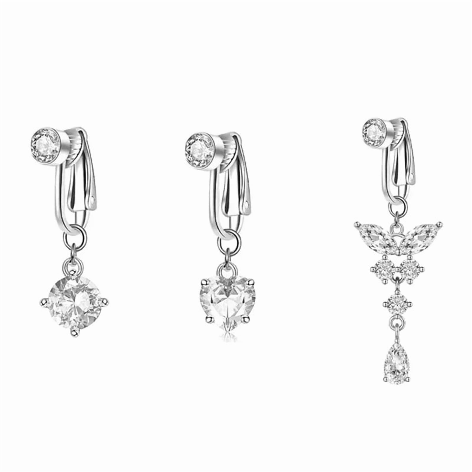 DESIGNICE 3Pcs Clip-On Non-Piercing Stainless Steel Fake Belly Rings,Women'S Faux Belly Button Piercings,For Casual Wear,Beach,Pool,Summer Parties,Festivals