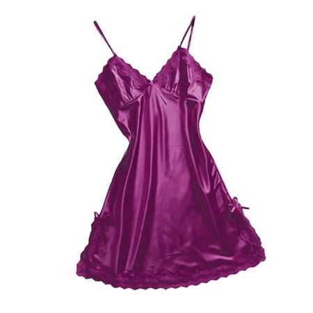 HYSYSB Nightgowns for Women balconette Bras for Women nighty for Women spaghetti Strap Nightgown women Satin Sexy Bowknot Lace Lingerie V Neck Sleepdress Underwear chemise for Women Purple 2XL