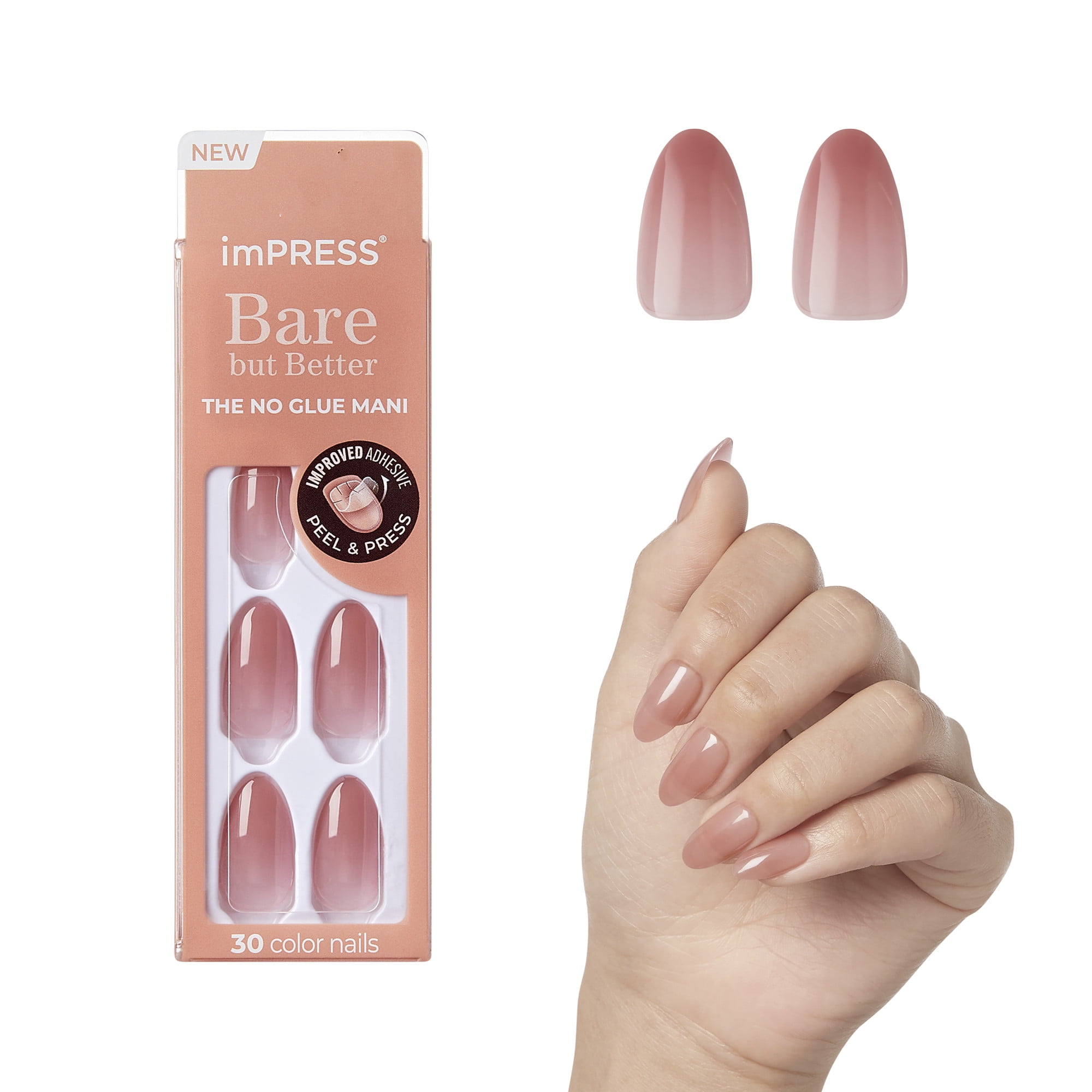 imPRESS Color Bare but Better Press-On Nails, No Glue, Pink, Medium Almond, 33 Ct.