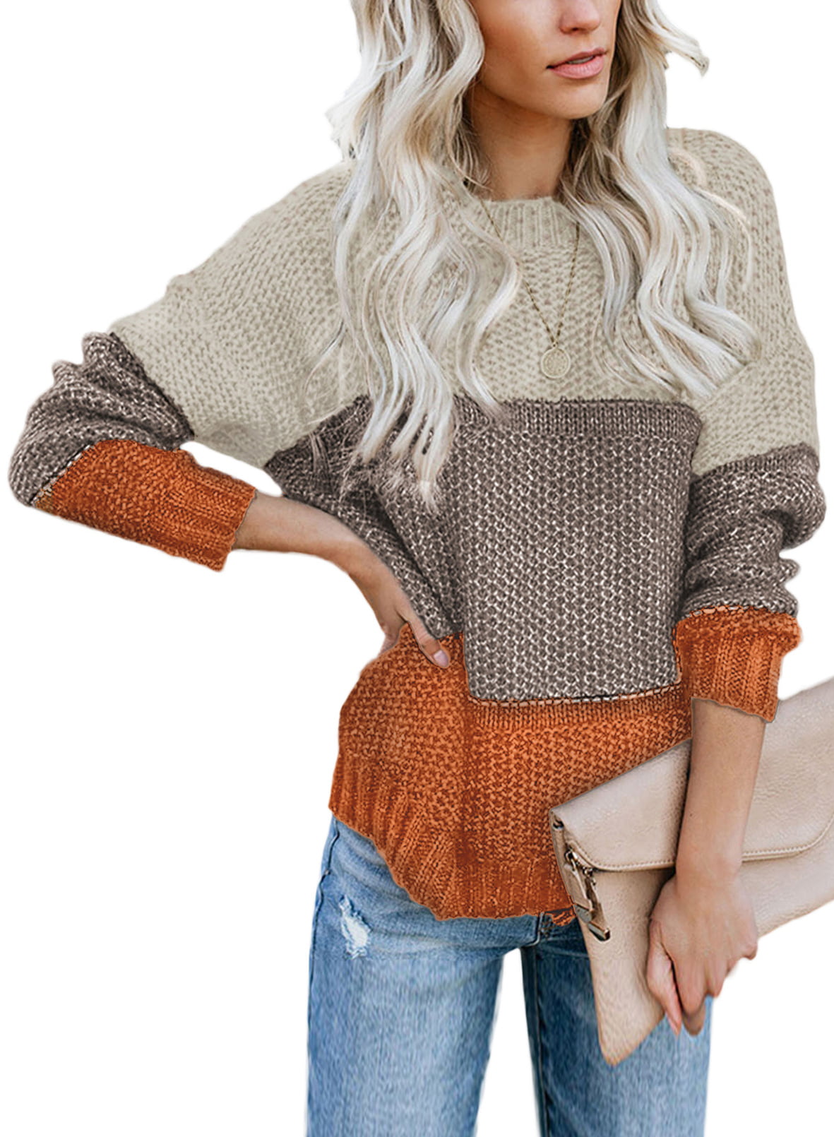 Ribtorsp Womens Color Block Sweater Knit Jumper Oversized Sweaters Crew Neck Long Sleeve Pullover Tops