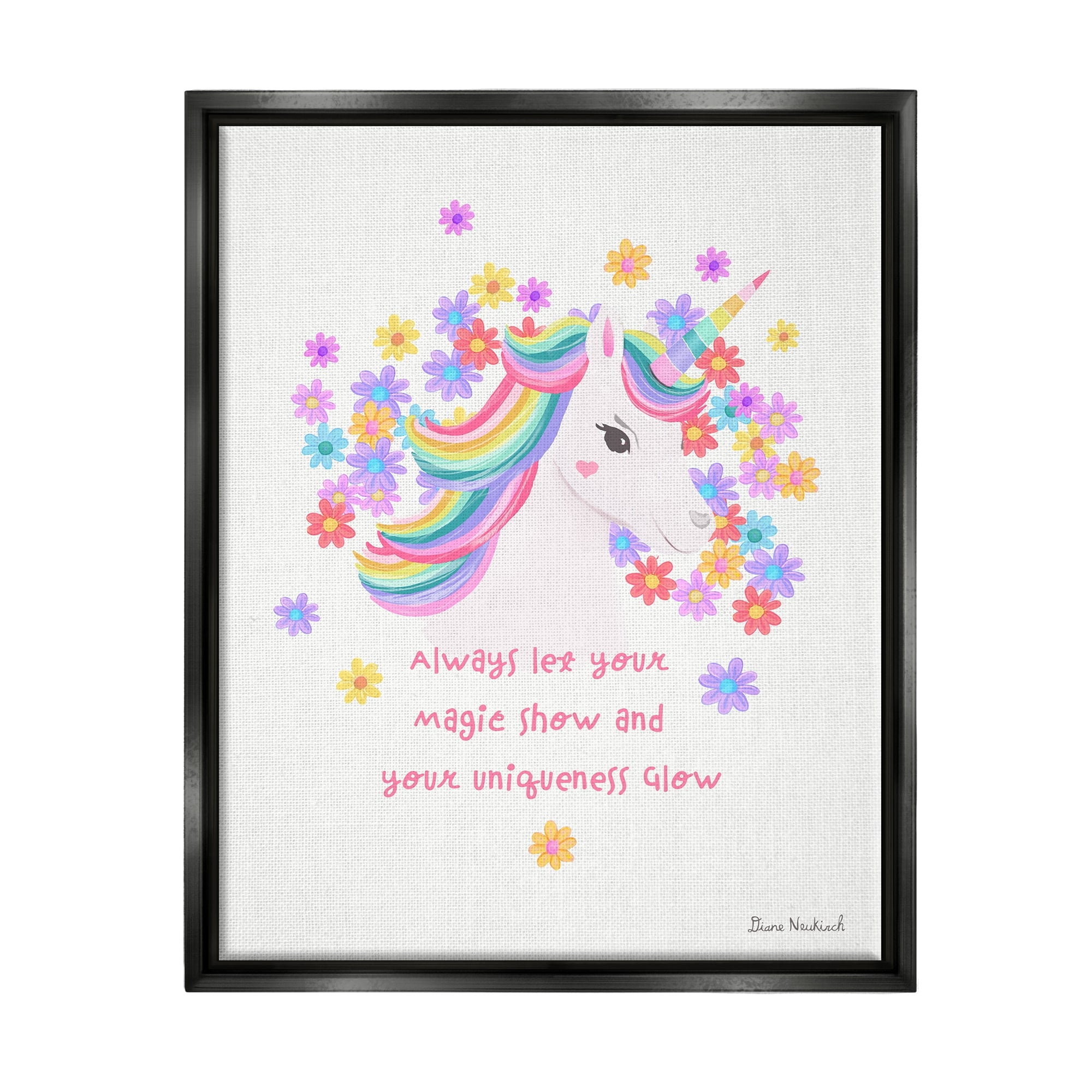 Stupell Industries Magical & Unique Quote Floral Pattern Unicorn Portrait Graphic Art Luster Gray Floating Framed Canvas Print Wall Art, Design by Diane Neukirch
