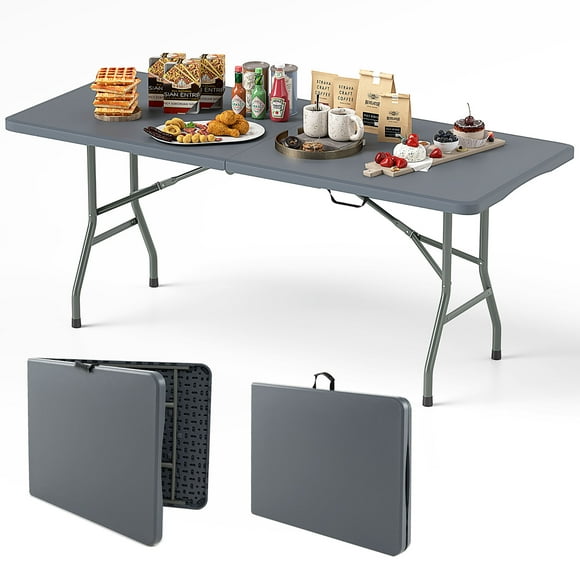 Gymax 6 ft Portable Folding Table w/HDPE Tabletop Safe Lock Mechanism Carrying Handle Gray