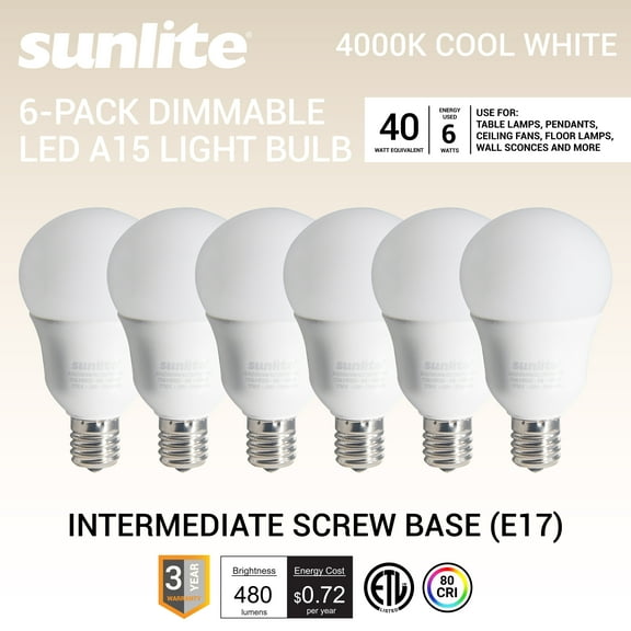 Sunlite 41832 LED A15 Light Bulb, 6 Watts (40W Equivalent), Intermediate Base (E17), 480 Lumens, Dimmable, Frosted Finish, ETL Listed, for Ceiling Fan Use, 6 Count, 4000K Cool White