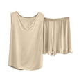 thumbnail image 5 of Women's V-Neck Sleeveless 2 Piece Casual Pajama Sets, Loose Flowy Tank Top & Ruffle Hem Elastic Shorts, Thin Lightweight All Season Wearable Daily Indoor | TruHer,Beige L, 5 of 7
