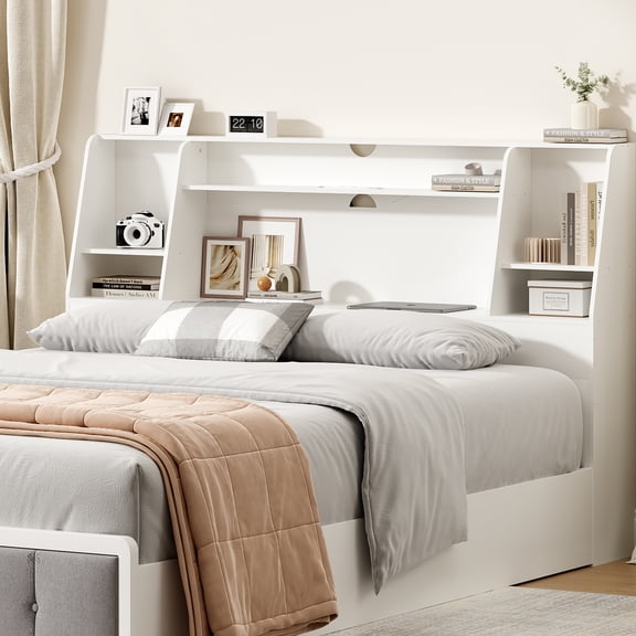 Someet Queen Headboard with Storage, Bookcase Headboards with 2 USB & 2 Type-C Port & Power Outlets & LED Light, Height Adjustable, White