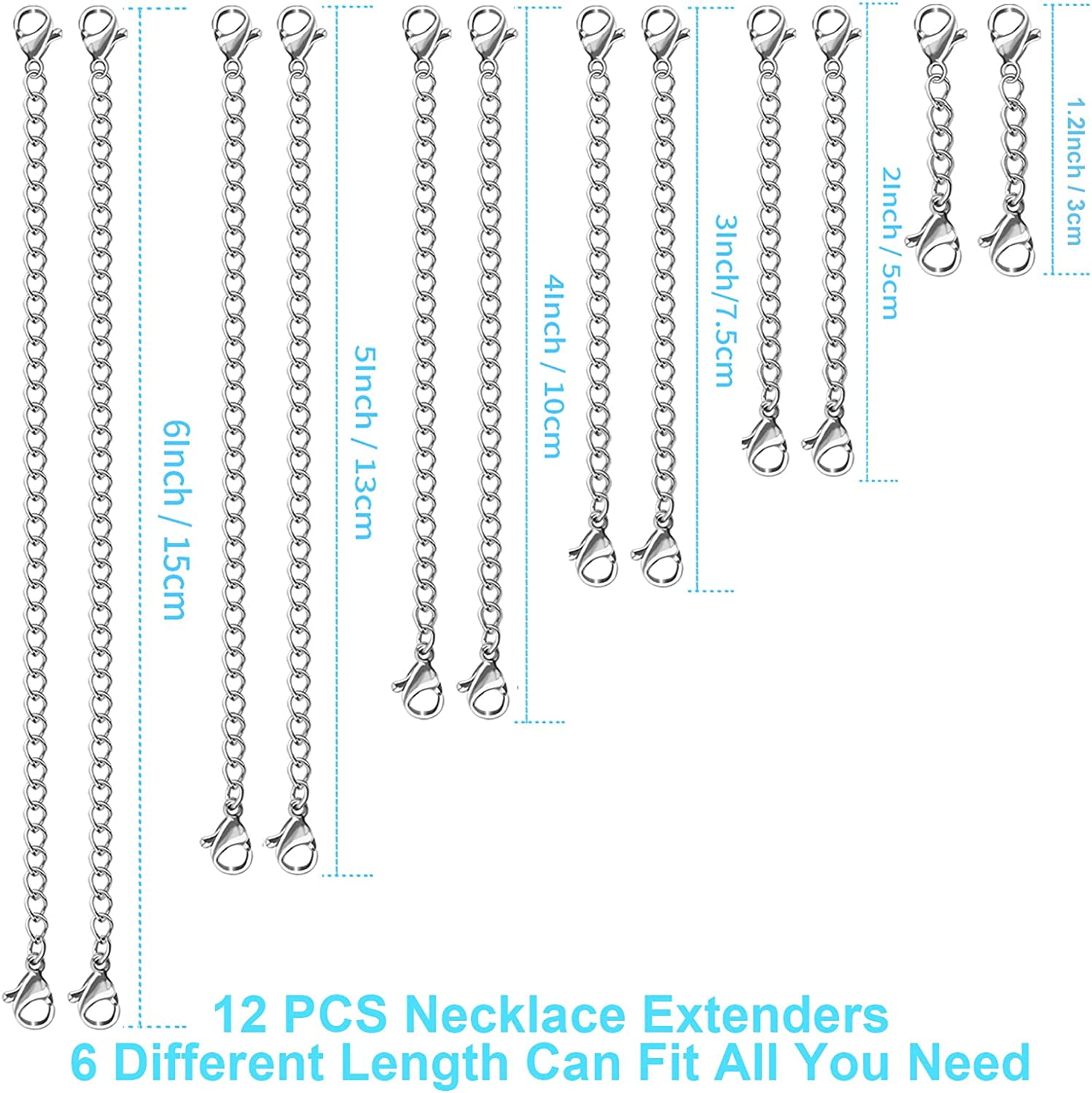 Necklace Extender, 12 Pcs Chain Extenders for Necklaces, Premium Stainless Steel Jewelry Bracelet Anklet Necklace Extenders (Rose Gold), Length: 1