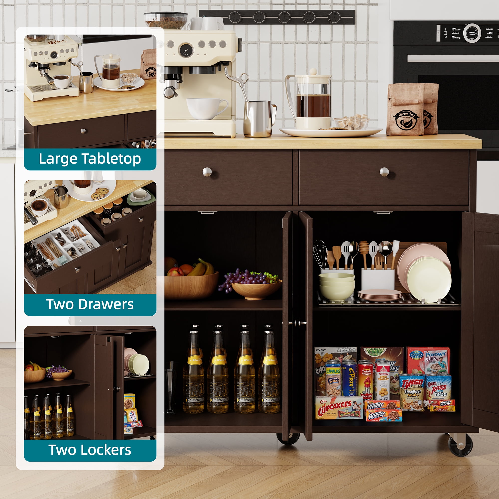 Walsunny Kitchen Islands Carts with Drop Leaf Table 2 Drawers 5 Wheels 4 Magnetic Doors Rolling Storage Cabinet Brown