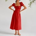 thumbnail image 2 of MIXUE Summer Dresses for Women Solid Color Square Collar Short Sleeve Split Slim Maxi Dress Outwear,Red,XL, 2 of 5