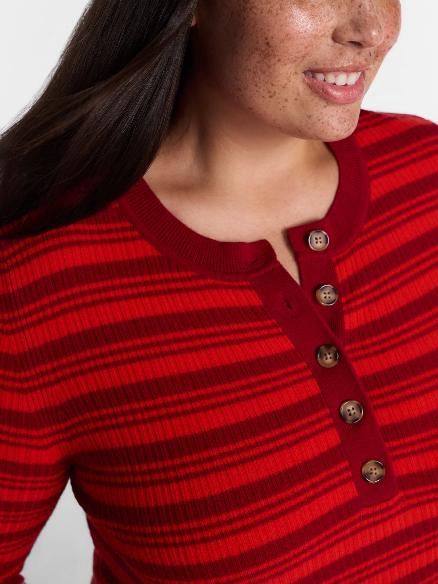 Terra & Sky Women's Plus Ribbed Henley Sweater Top with Elbow Length Sleeves, Sizes 0X-5X