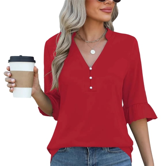3/4 Length Sleeve Womens Tops Solid Color V Neck Spring Shirts Ladies Top Summer Shirt Casual Blouse Wine XL