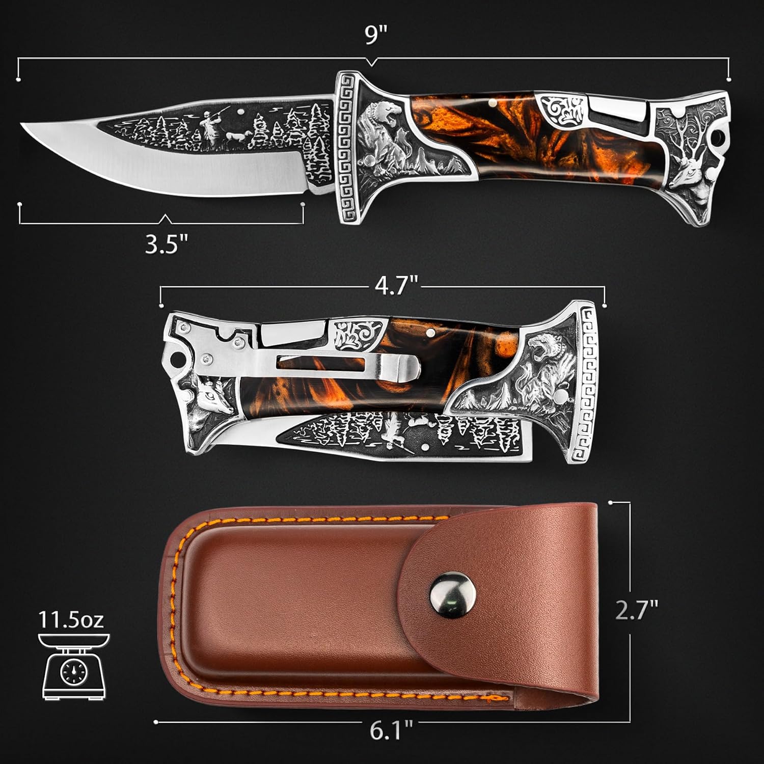 TIGER ROAR Pocket Knife, Engraved Unique Folding Knife with Holster, Personalized Gift