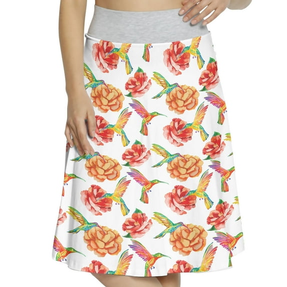 Women's Hummingbird Watercolor Tropical A-line Printed Skirt Casual Wear, S, Orange Vermilion Green, by Ambesonne