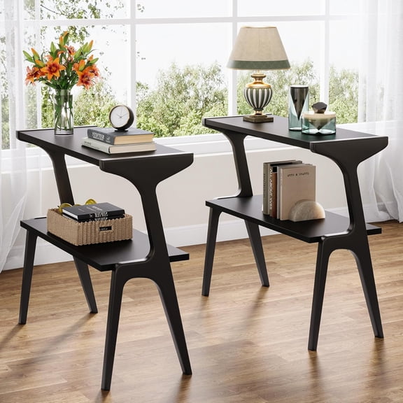 Tribesigns Narrow End Table Set of 2, Farmhouse Sofa Side Table with Solid Wood Legs & Storage Shelf for Living Room, Black