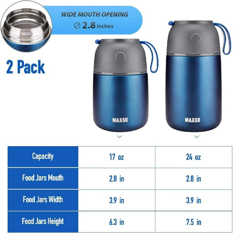 Maxso 2 Pack Soup Thermo for Hot & Cold Food for Kids Adults, Vacuum Insulated Food Jar Thermal Lunch Containers, Travel Food Flask with Spoon (24oz