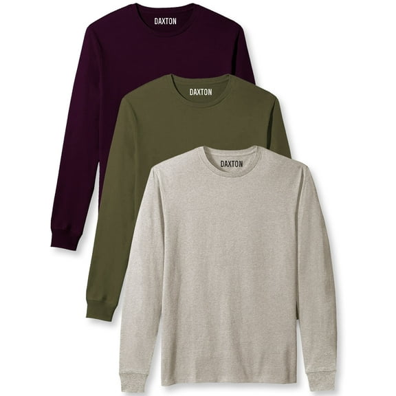 Daxton Premium Men Long Sleeves T Shirt Medium Weight Soft Cotton, 3Pk Plum Olive Oat Medium