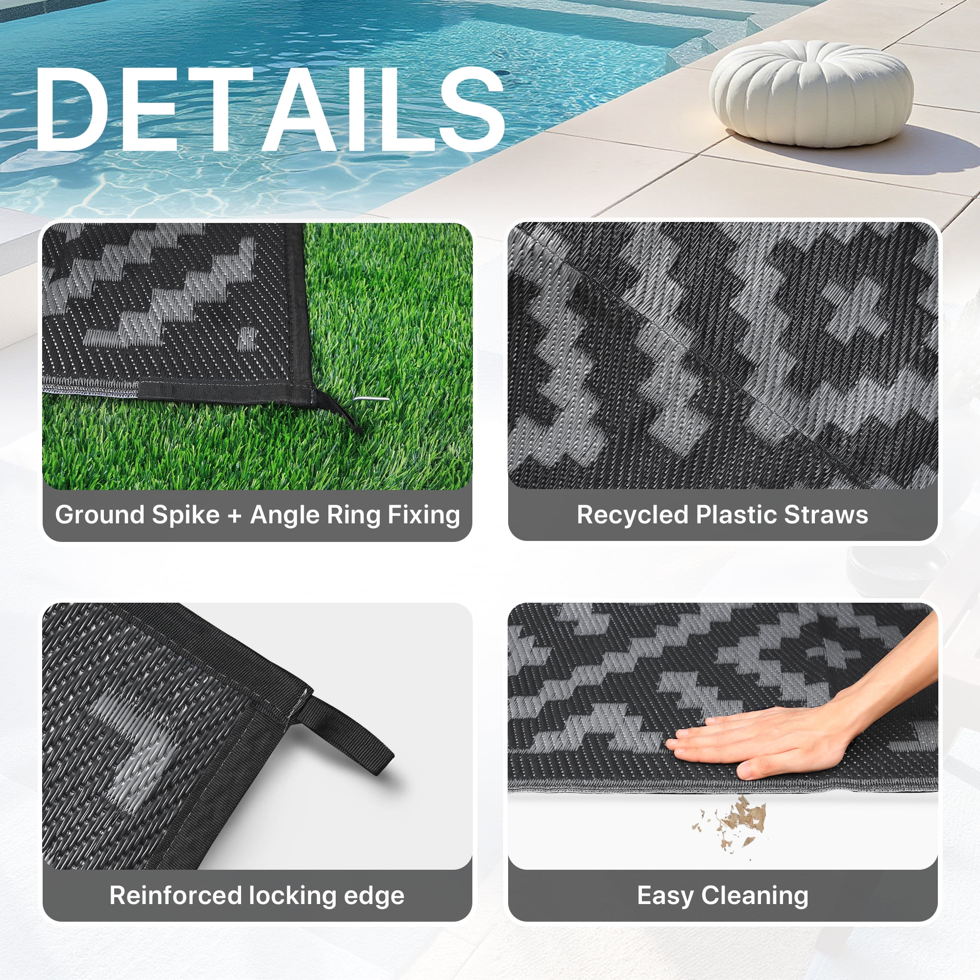 DEORAB Outdoor Rugs Waterproof Plastic Straw Mat 6'x9' Reversible for RV Patio Deck Beach Black & Gray