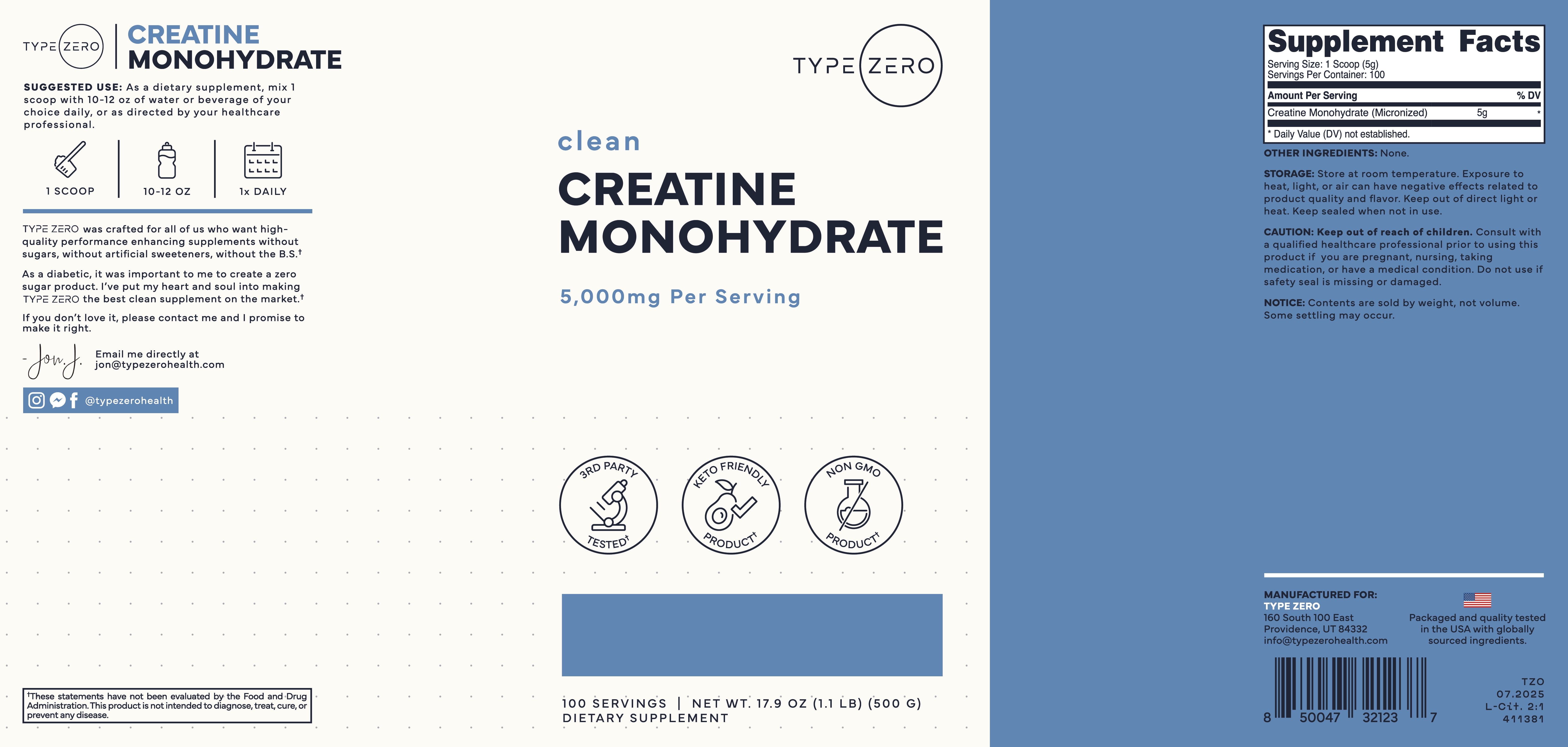 Type Zero Clean, Creatine Monohydrate, Unflavored, 5,000 mg, 17.6 oz (500 g)