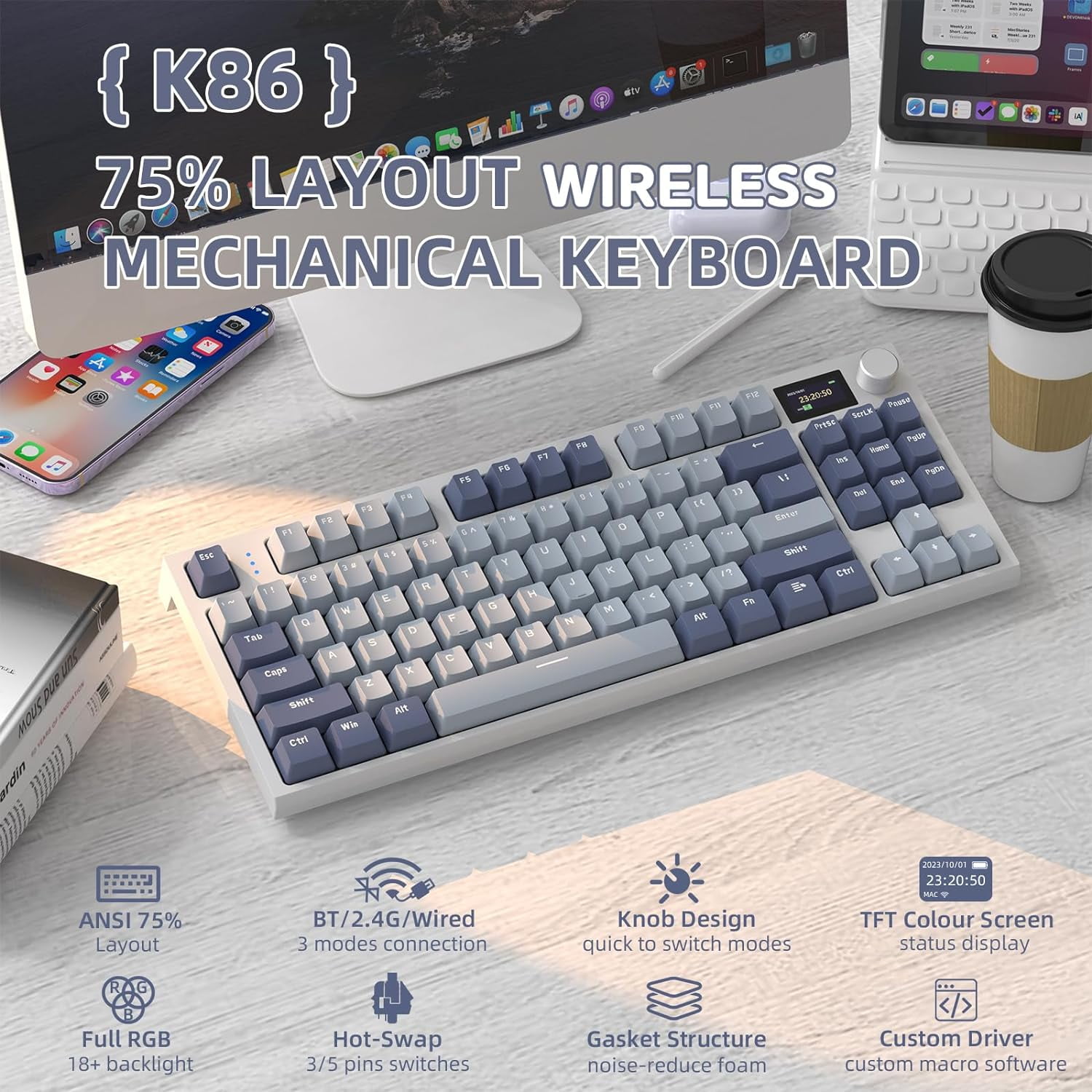 ATTACK SHARK K86 Wireless Mechanical Keyboard 75% with TFT Color Display & Knob Apex Pro TKL, 2.4G/Bluetooth/USB-C Wired RGB Backlit, Hot Swappable