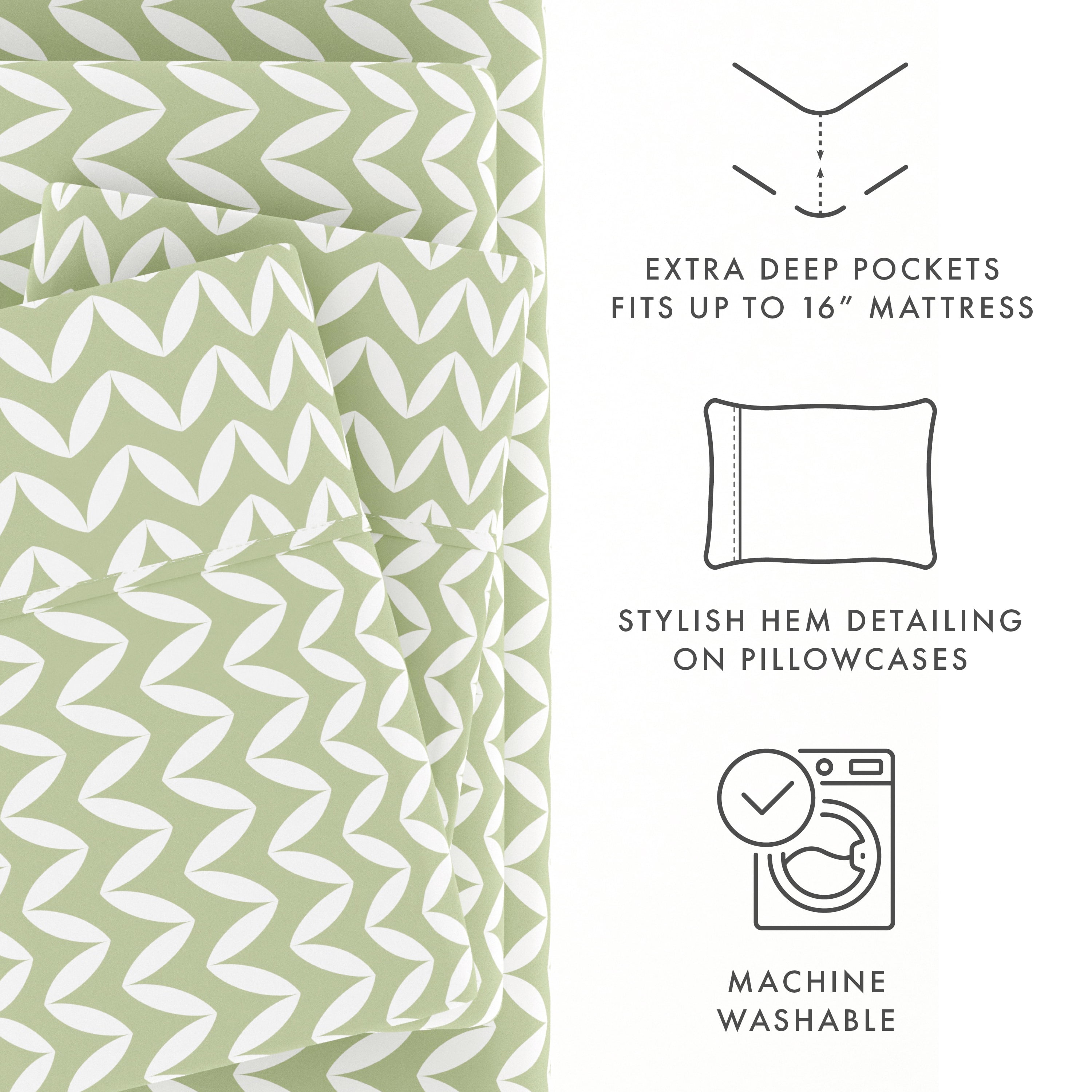 Noble Linens 4 Piece Pattern Microfiber Bed Sheets Set, Sage Puffed Chevron, California King