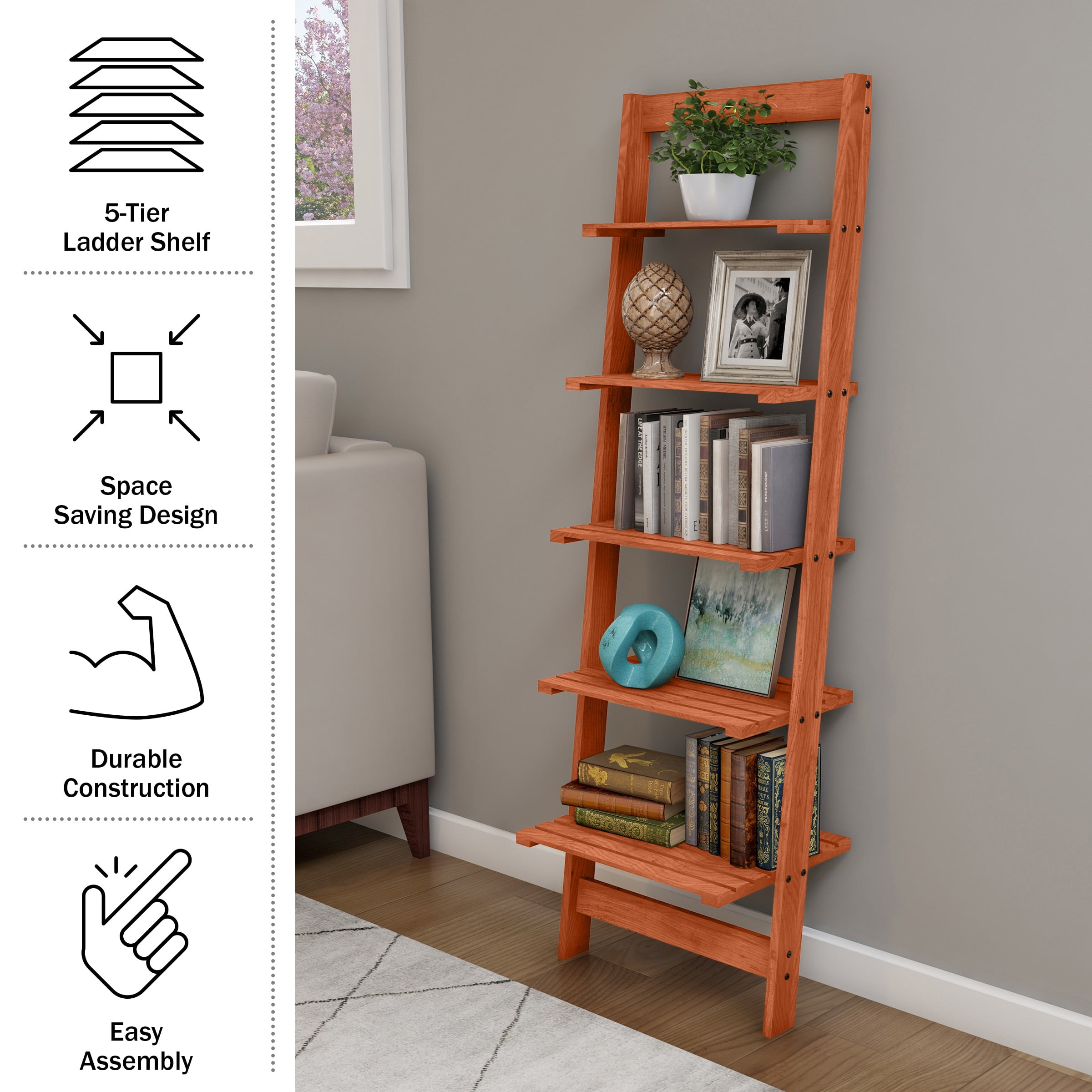 Lavish Home Cherry Finish 5-Tier Slatted Wood Leaning Ladder Shelf, Narrow Storage Bookcase