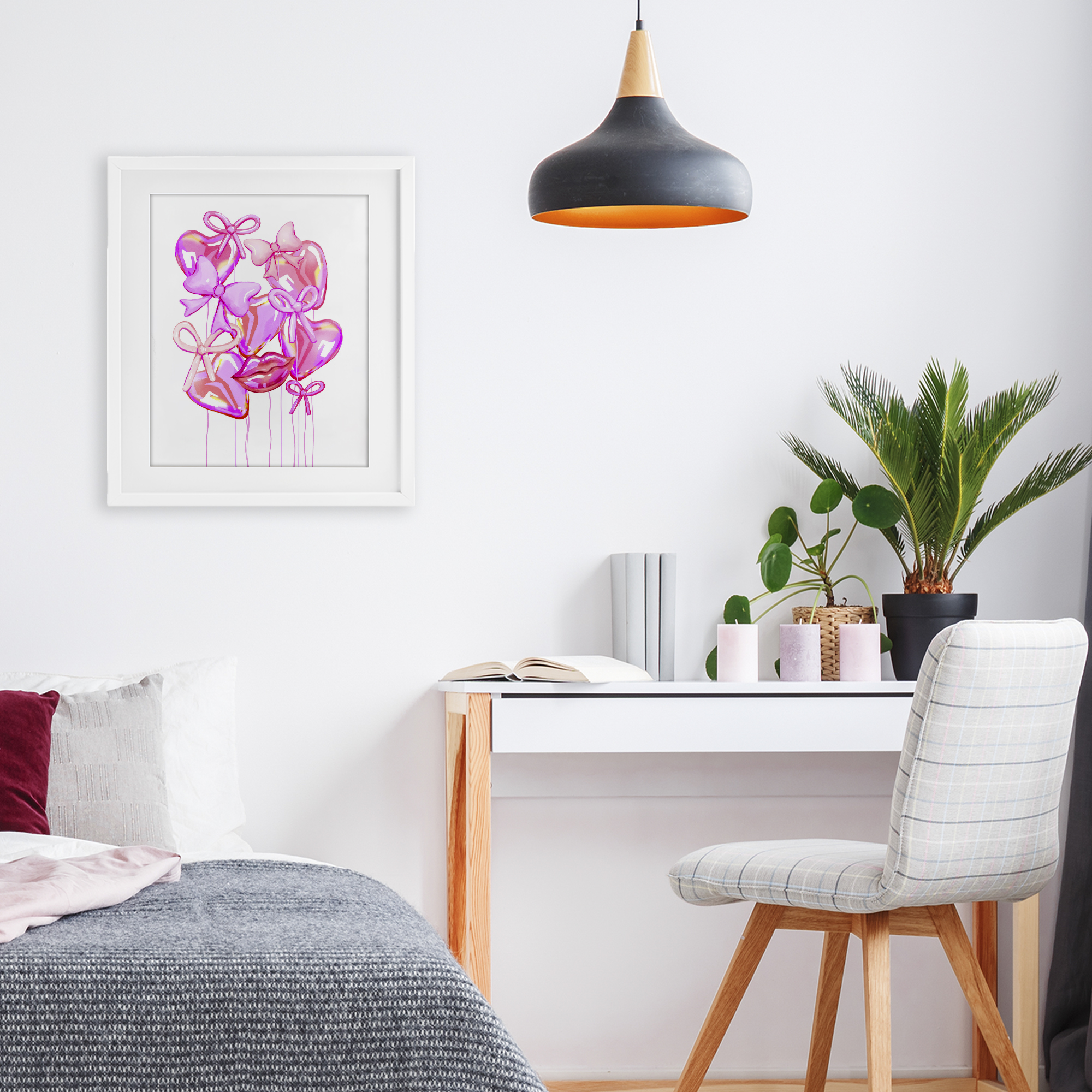 Pink Heart and Bow Balloons White Framed Print Under Glass, design by Ziwei Li