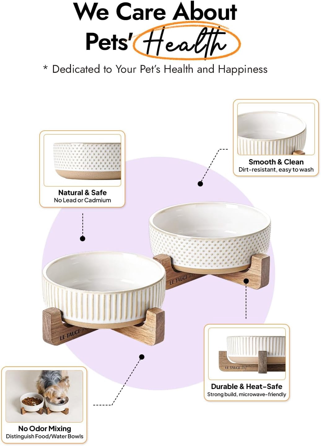 Ceramic Dog Bowls with Wood Stand - 4 Cup Medium Pet Food and Water Dishes Set of 2, Lines and Dot Design
