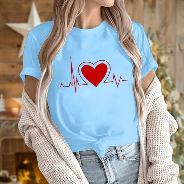 ZQGJB Love Heart Pattern Tops for Women Casual Short Sleeve