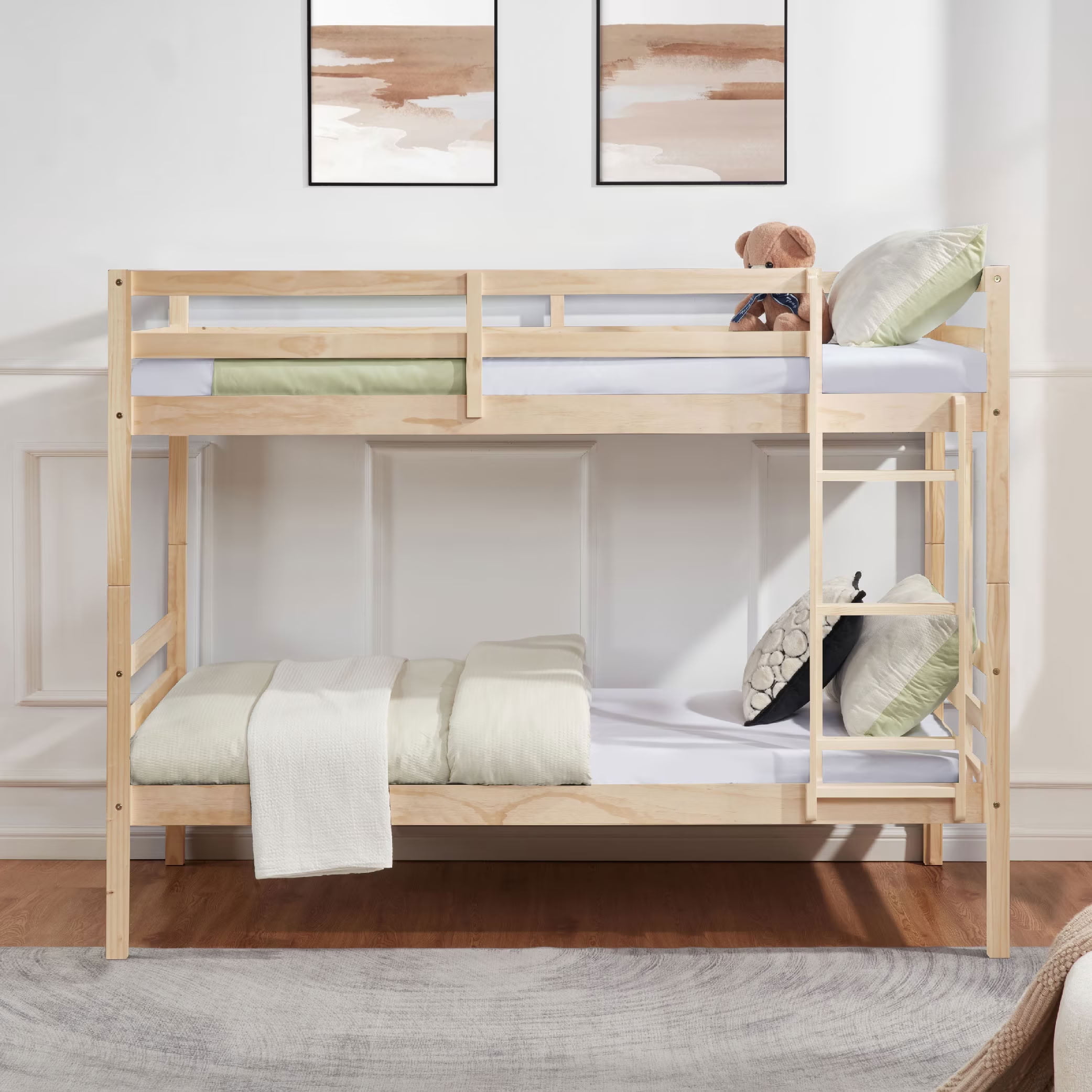 MAYEERTY Twin over Twin Wooden Bunk Bed with Ladder and High Guardrail, Space-Saving Bed Frame for Kids Teens Dorm Rooms, No Box Spring Needed