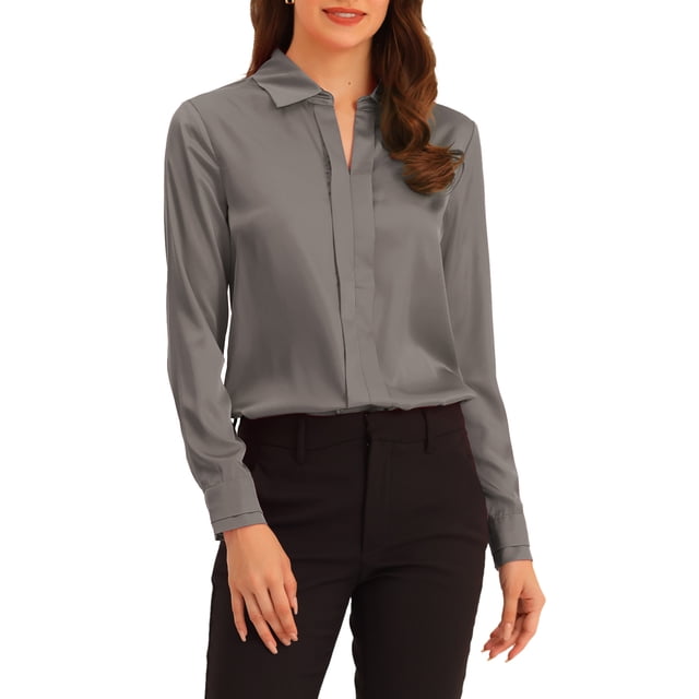 CAMISAS ELEGANTES PARA MUJER INSPIRADAS CHIC Cuello en V, Manga Larga, Blusa de Satén Suave, L Gris