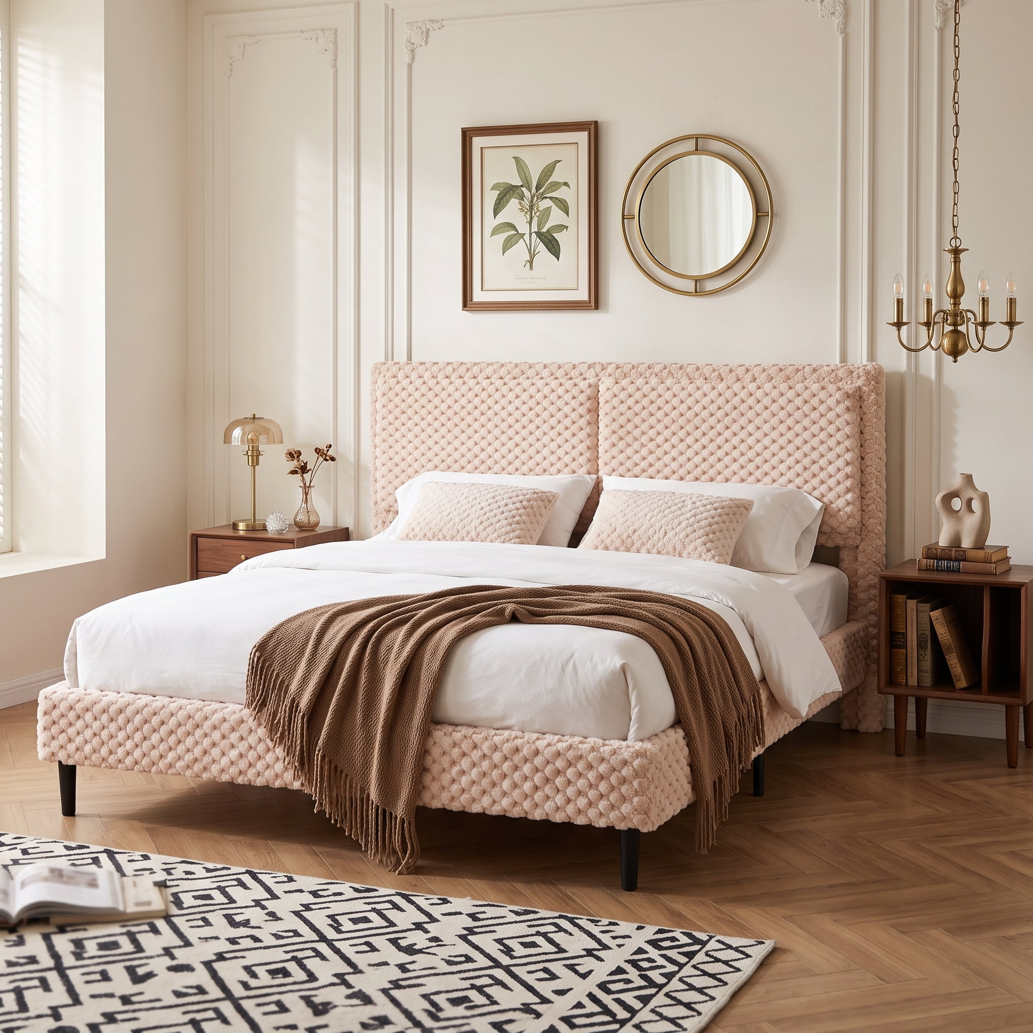 Mintazer King Size Upholstered Platform Bed Frame with Wingback Headboard, Textured Plush Fabric Bed with Metal Support, No Box Spring Needed, Camel