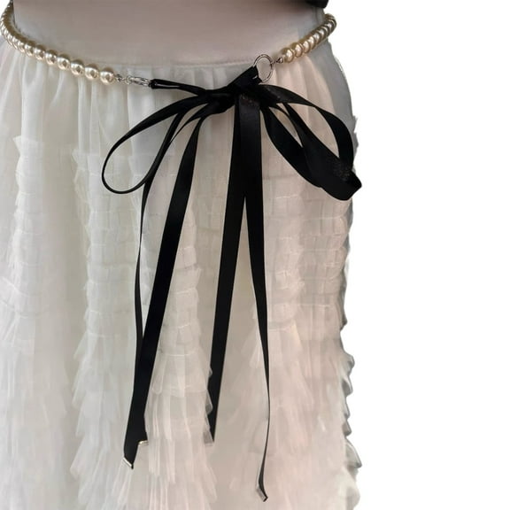 Necvior Beautiful Pearls Waist Chain Fashionable Chain Belt with Ribbon Bowknot Dainty Pearls Waist Chain for Dresses