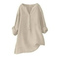 thumbnail image 6 of WTOBBY Women's V-Neck Button Down Casual Shirt, Solid Color Long Sleeve Split Hem Blouse Top, Cotton Linen Blend Lightweight Fabric for Daily Wear,Beige L, 6 of 6