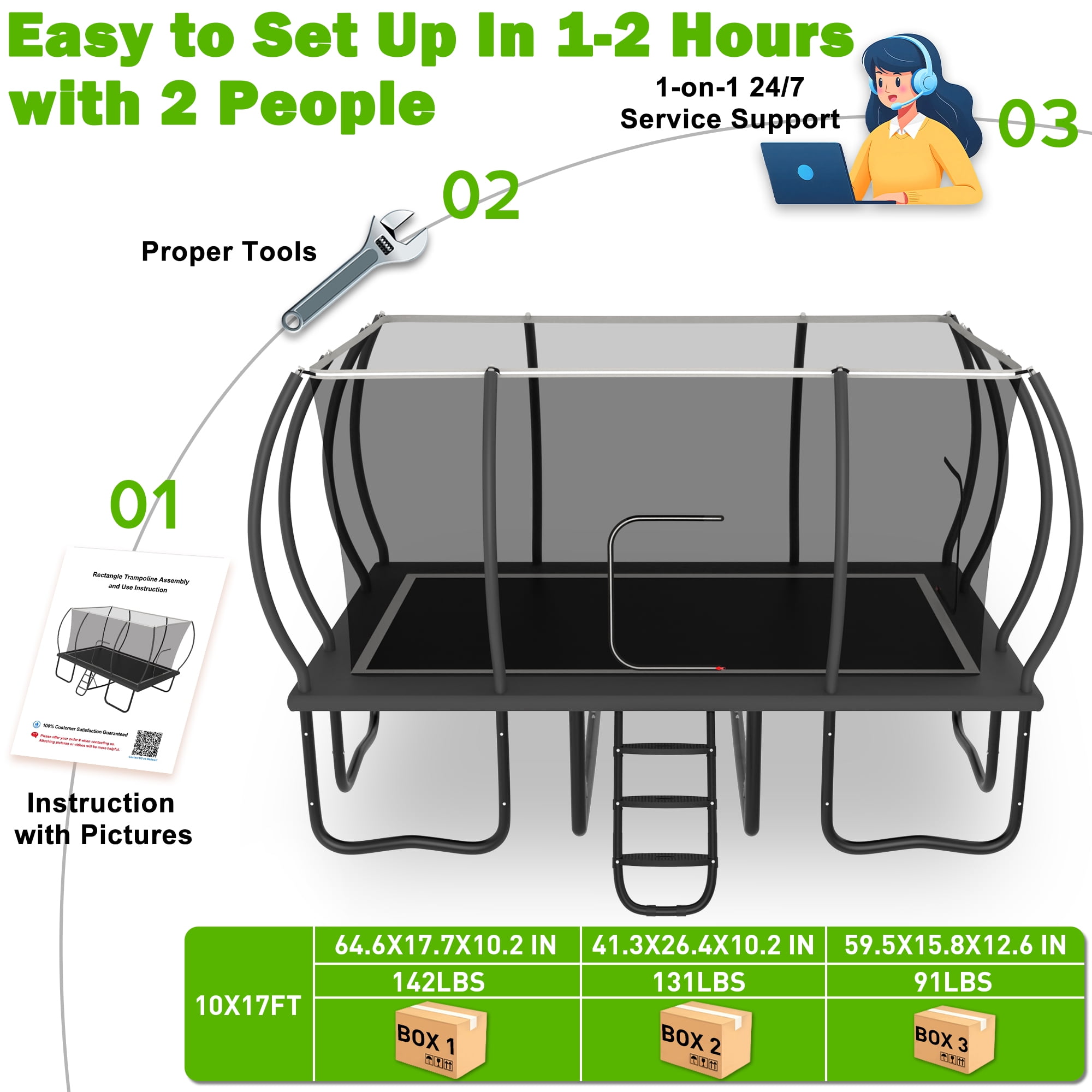 Jump Into Fun Rectangle Trampoline 10x17FT, 2000LBS Weight Capacity Heavy Duty Outdoor Large Gymnastics Trampolines for Kids and Adults with Enclosure Net