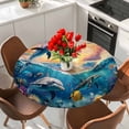 thumbnail image 2 of Blue Coastal Round Tablecloth 36-44 Inch Round Fitted Table Cloth with Elastic Edge, Dolphin Summer Beach Nautical Ocean Waterproof Table Cover Protector for Outdoor Picnic Party Dining, 2 of 6