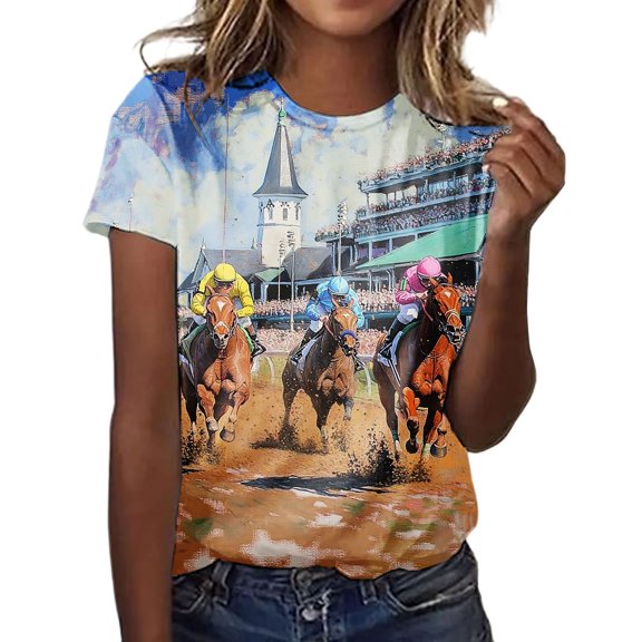 Levmjia Women's Crew Neck Short Sleeve T-Shirt, Horse Racing Graphic Print Casual Top, Loose Summer Tee for Ladies Daily Vacation
